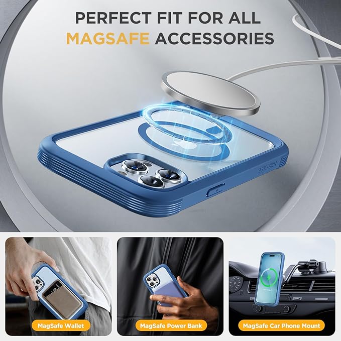 Miracase Magnetic for iPhone 14 Pro Case 6.1 inch, (Compatible with MagSafe) Upgrade Full-Body Clear Phone Bumper Case with Built-in 9H Tempered Glass Screen Protector, Magnetic Capri Blue