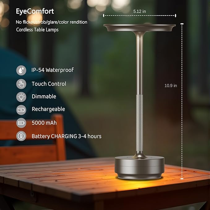 Cordless Table Lamp Rechargeable - 5000mAh Battery Operated LED Table Light with Touch Stepless Dimming - Portable Silver Metal Outdoor Lamp for Patio, Restaurant, Bedroom