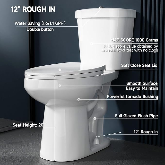 Elongated Tall Toilet 19 Inch for Bathroom 1.1/1.6 GPF Tornado Dual Flush - Two Piece Comfort ADA High Toilet for Seniors, 19 Inch Bowl Height 20 Inch Seat Height, 19" Rough In, White
