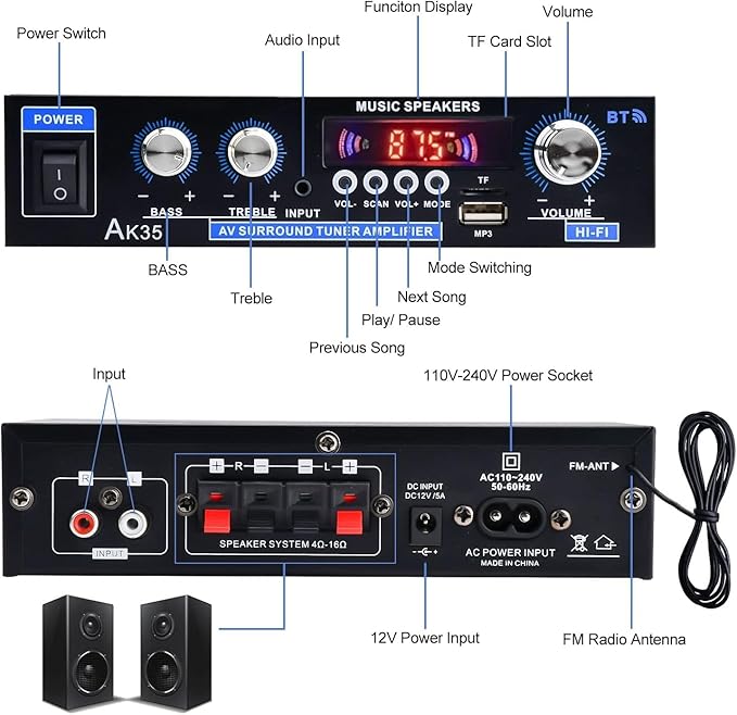 AK35 Home Audio Amplifier Receiver, 200W Home Dual Channel Bluetooth 5.0 Sound Speaker AMP, Home Amplifiers FM Radio/USB/SD/Card w/Remote Control Home Theater Audio Stereo System Components