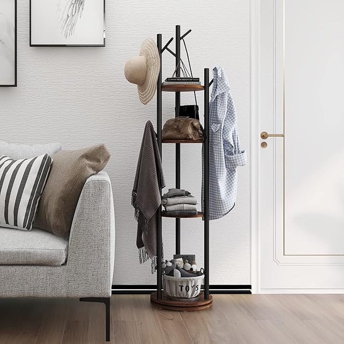 Rotary Coat Rack Freestanding Metal Coat Hall Tree Stand with 4 Tiers Storage Display Shelf and 9 Hooks for Entryway Bedroom Corner Office Garment Clothes Holder (Brown)