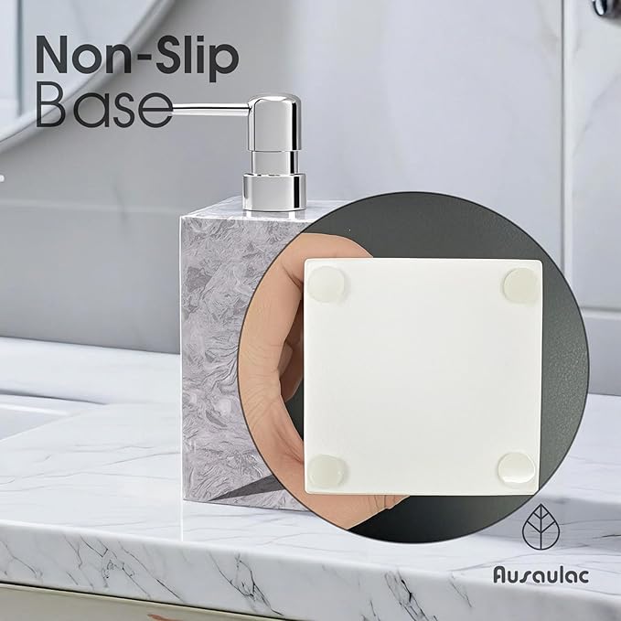 2 Set Real Natural Marble Soap Dispenser with Stainless Steel Pump – Decorative Liquid Hand Soap Bottle for Kitchen & Bathroom, Compatible with Lotion, Dish Soap & Shower Gel (Grey)