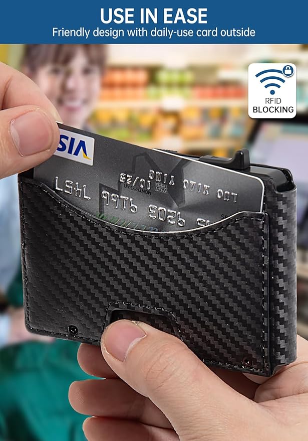 Slim Wallet for Men,Pop Up Wallet with Money Clip,holds 12 Cards,Metal Aluminum & Leather Credit Card Holder Bifold Wallet with ID Window,RFID Blocking Smart Wallet for Men,Men's Accessories