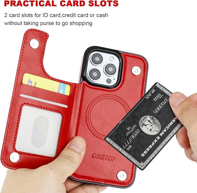 ONETOP Compatible with Magsafe for iPhone 13 Pro Wallet Case with Card Holder, PU Leather Kickstand RFID Blocking Case, Double Magnetic Clasp and Durable Shockproof Cover 6.1 Inch (Red)