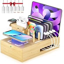 Bamboo Wireless Charging Station for Multiple Devices - Wood Docking Station Organizer, Qi Certified Fast Wireless Charger, 7 USB Charging Ports for Cellphone, Smart Watch, Earbuds, Tablet - Image 1