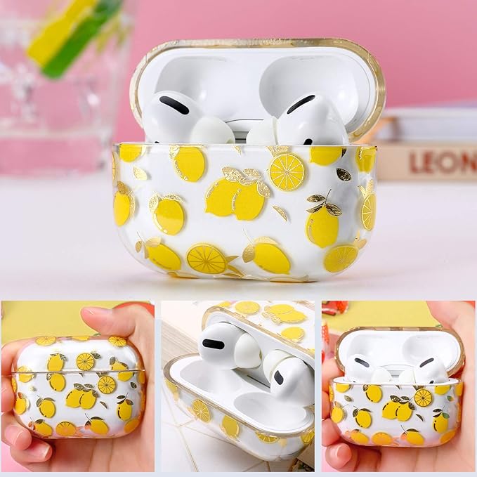 Compatible with Apple Airpods Pro Case for Women, Clear with Designs Patterns Airpods Pro Hard Case PC Shockproof [Front LED Visible ] Anti-Fall Full Protector, Lemon