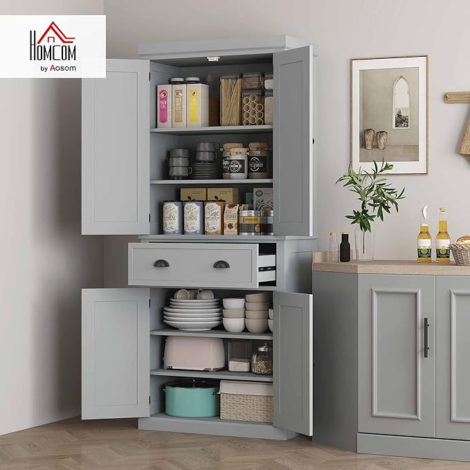 HOMCOM 72.5" Kitchen Pantry Cabinet, Traditional Freestanding Storage Cabinet with 4 Doors, Drawer and 3 Adjustable Shelves for Dining Room, Gray