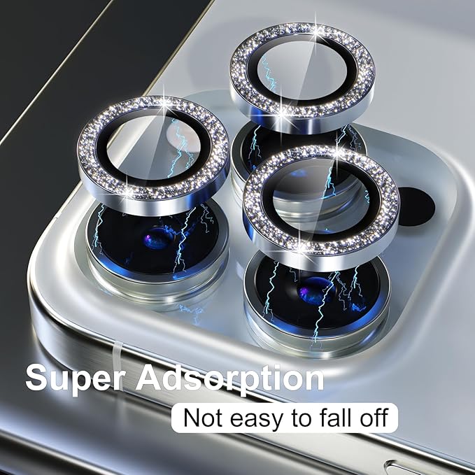 Misea Compatible for iPhone 15 Pro/iPhone 15 Pro Max Camera Lens Protector Bling, 9H Tempered Glass Camera Cover Screen Protector Metal Individual Ring Protector Decoration Accessories, Silver Glitter