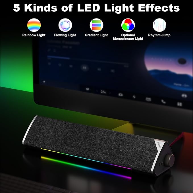 SOULION Computer Speakers, USB-Powered Bluetooth PC Soundbar with Dynamic RGB LED Lights, Surround Sound for Desktop, Laptop, Office, Work, Music & Gaming Black (USB-C to USB Adapter Included)