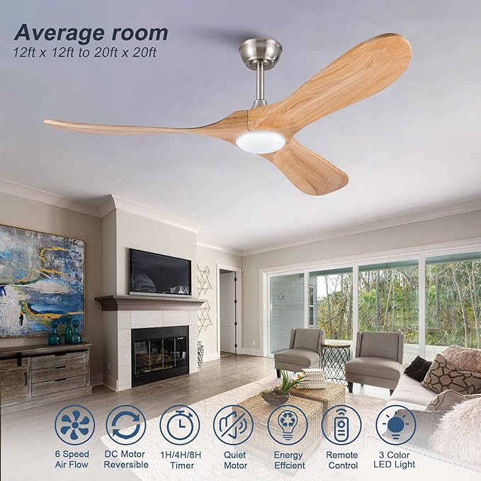 52 Inch Solid Wood Ceiling Fans with Lights and Remote Control,6 Speeds,Noiseless,Reversible DC Motor,Modern Ceiling Fan with Light for Indoor/Outdoor Bedroom,Patios(Natural Wood Grain)