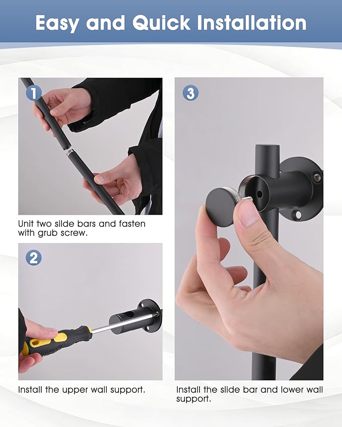 Shower Slide Bar with Adjustable Handheld Shower Head Holder, 25 Inch SUS304 Stainless Steel Shower Rail, Replacement for RV, Camper, Hotel & Bathroom, Polished Matte Black