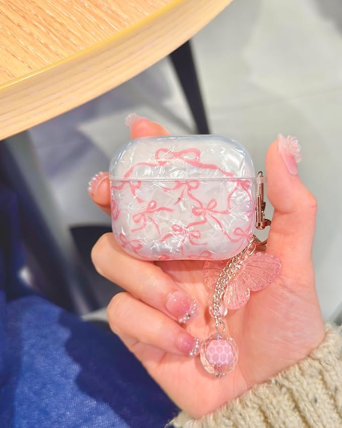 Compatible with AirPods 3rd Generation Case Cute, Shell Pattern Shockproof Protective Cover for Girls Women with Butterfly Keychain Designed for AirPod 3rd Gen 2021, Pink Bow