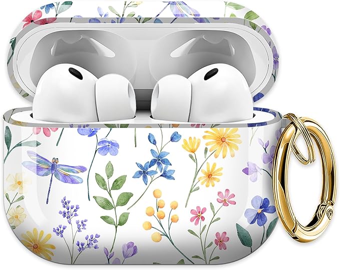 Cute Hard Case Compatible with AirPods Pro 3rd Generation Case (2025), Shockproof Protective Cover with Golden Keychain Ring Clip (Watercolor Flowers)