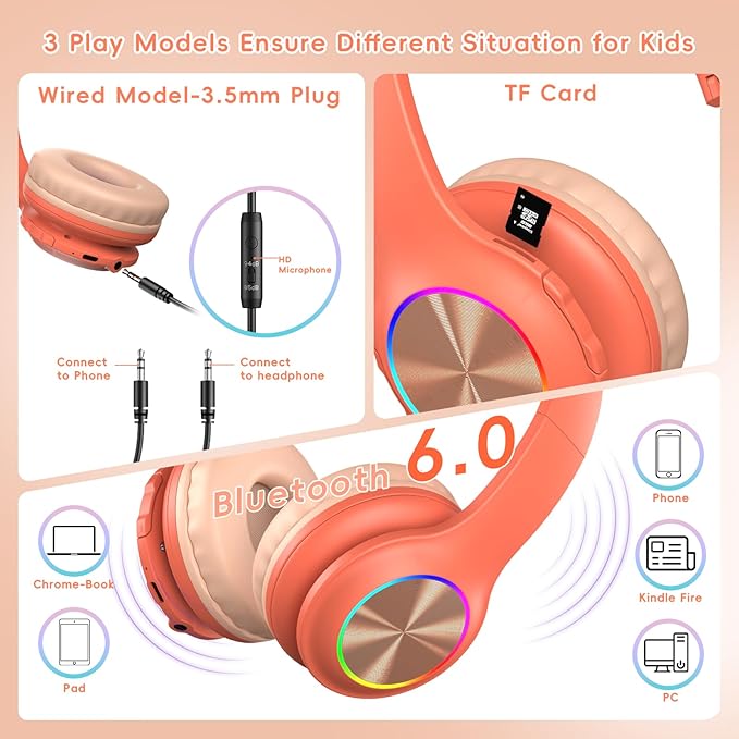 Kids Bluetooth 6.0 Headphones with LED Light, 85Hours Playtimes, Type-C Fast Charging, 85/94dB Volume Limited, Wireless Headphones with Built-in Mic, Wired & TF Card Mode, Pink and Orange