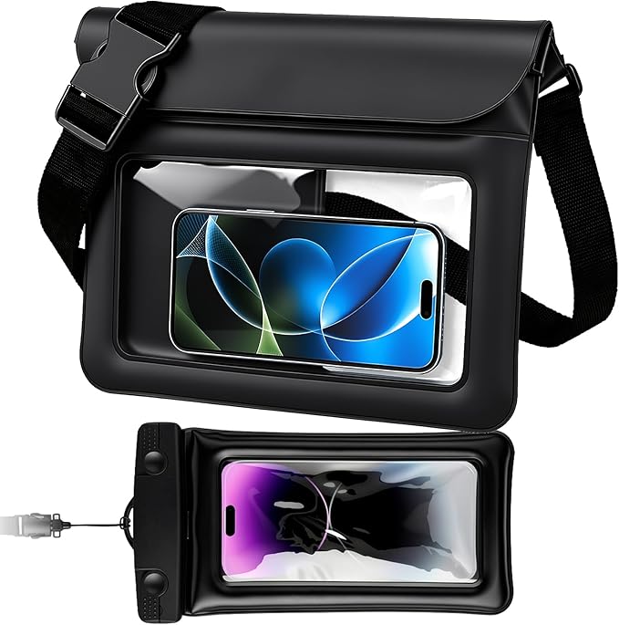 Waterproof Bag Set IPX8 2 Pcs: Black 9.8" Clear Fanny Pack & 7" Waterproof Phone Pouch, Floating Phone Case, Water Proof Dry Bag with Adjustable Strap for Beach Swim Kayak Boat Cruise Essentials