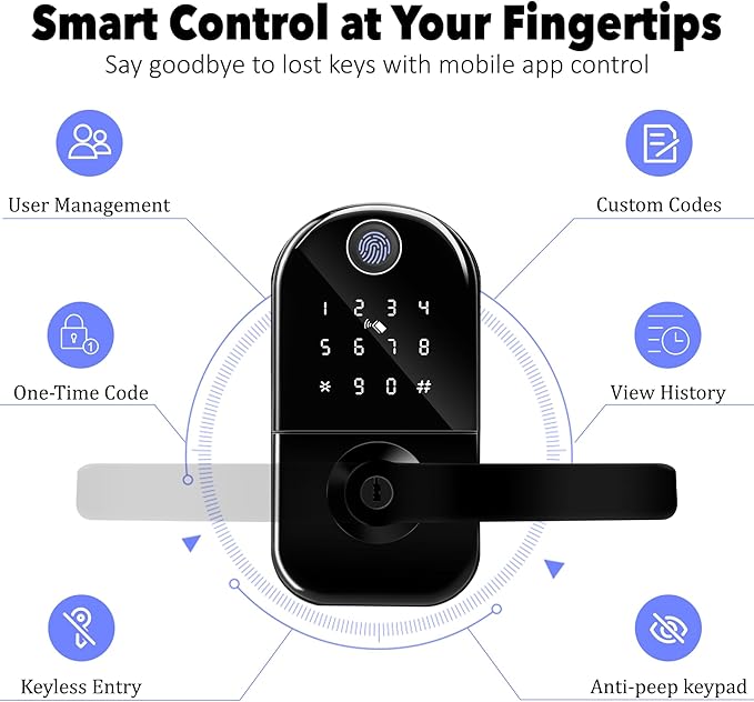 Fingerprint Smart Door Lock with Handle, Keyless Entry Door Knob with Digital Keypad, Electric Deadbolt Remote App Access & Doorbell, Digital Lock for Home, Office Matte Black