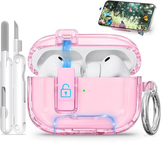 for AirPods Pro 3 Case 2025 with Phone Stand & Secure Lock, Auto-Open Clear Case Cover Compatible with Apple AirPods Pro 3rd Generation with Cleaning Kit & Keychain