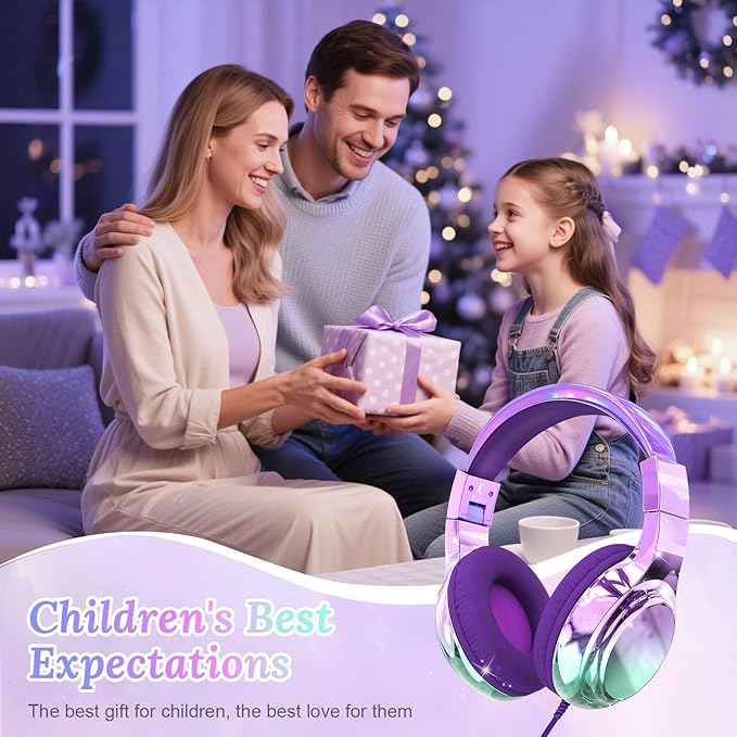 QearFun USB C Kids Headphones Wired with Mic, 85/94dB Safe Volume Limit, Foldable Over Ear, Tangle-Free Cord & Sharing Port, Wired On-Ear Headset for School, Chromebook, Tablet, Travel-Boys & Girls