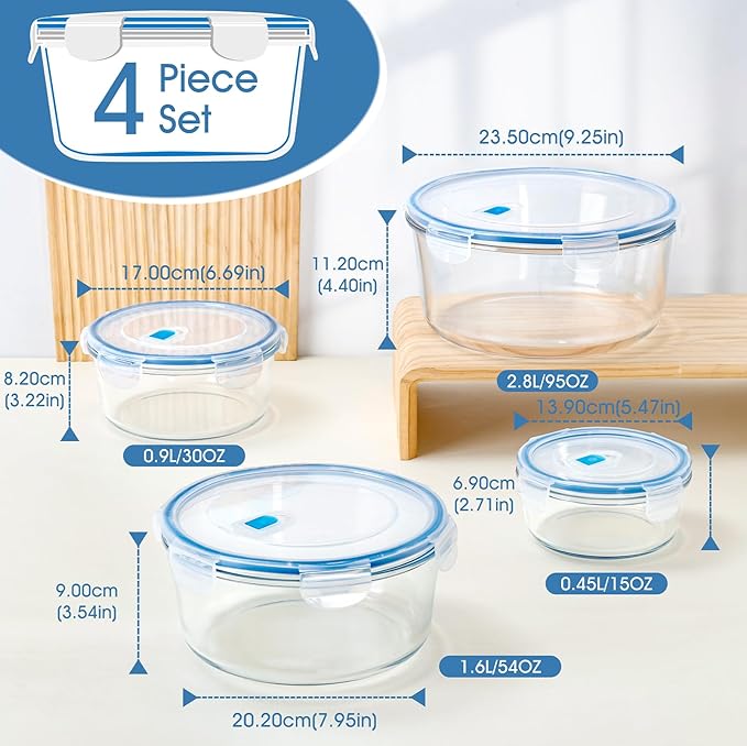 NUTRIUPS 15/30/54/95oz Round Large Glass Food Storage Containers with Lids,Glass Bowl & Meal Prep Containers with Lids,4-Piece Set