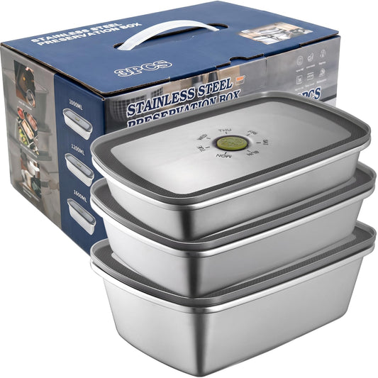 3-Piece 304 Stainless Steel Food Storage Containers with Lids Leakproof & Airtight; BPA-Free Lids; Microwave & Freezer Safe; Meal Prep; 33oz + 40oz + 54oz