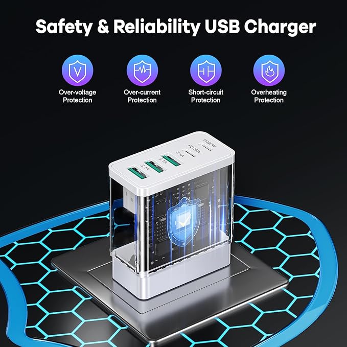 2Pack 5-Port USB C Charger Block, 50W Fast Charging Blocks 3 USB-A+2 USBC Wall Plug Power Adapter Outlet Multiport Type C Box Cube Brick for iPhone 16e 16 Pro Max iPad, Tablets Samsung S25, Pixel 7