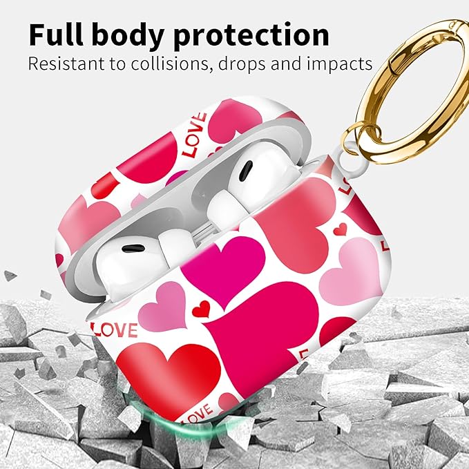 Compatible with Airpod pro 2nd/1st Generation Case Cover with Gold Round Keychain Cute Pattern Hard & Anti Slip Cover for Men Women & Girls（Red Love）