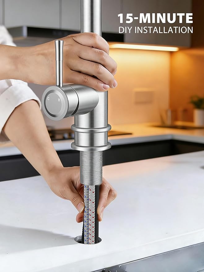 Vintage Kitchen Faucets with Pull Down Sprayer, Stainless Steel High Arc Kitchen Sink Faucet, Drip-Free 3 Spray Mode Faucet with 360° Rotation, Easy DIY Single Hole Install (Brushed Nickel)