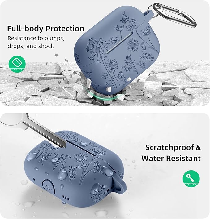 Lerobo Flower Engraved Cover for Airpod Pro Case 2nd 1st Generation Cute, Full Protective Soft Silicone Case Compatible with Apple AirPod Pro/AirPods Pro 2 Case USB C, Front LED Visible, Lavender Gray