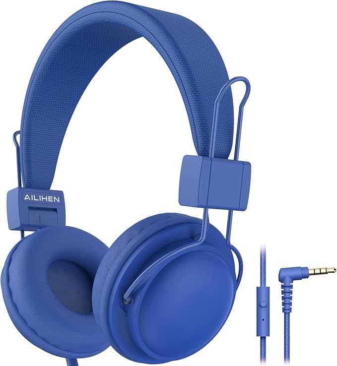AILIHEN HD850 Classroom Headphones for Kids K-12 Students, School Wired Headphones with Microphone & 85dB Volume Limited & Sharing Function for Chromebook (Blue)