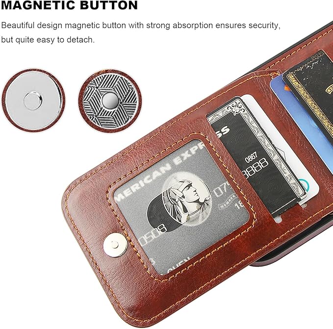 KIHUWEY for iPhone 16 Case Wallet Compatible with MagSafe Wireless Charging, Credit Card Holder, RFID Flip Leather Magnetic Clasp Kickstand Heavy Duty Protective Cover 6.1 Inch (Brown)