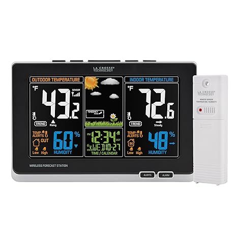 La Crosse Technology Advanced Weather Station with Full-Color LCD & Atomic Time - Monitor Indoor/Outdoor Conditions with Temperature Alerts and Humidity Readings with Transmission Range of 300 Feet