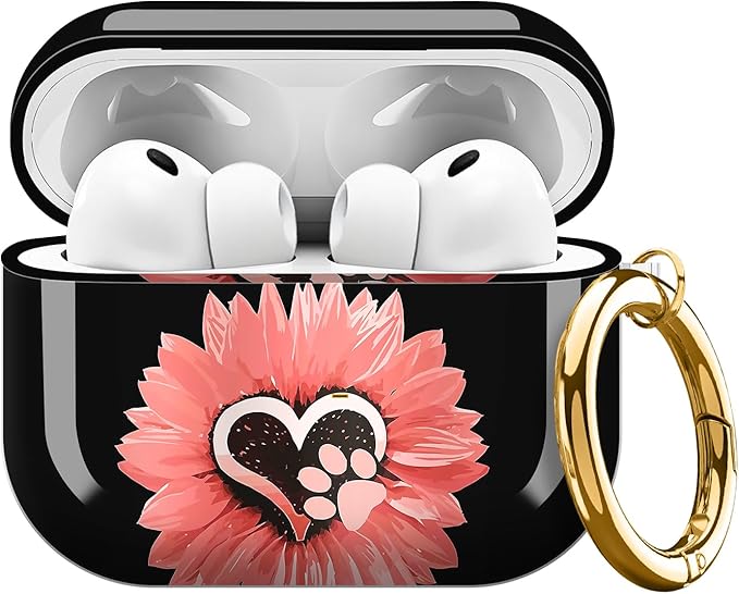 AirPod Pro 3 (2025) Case Cover for Women, Cute Shockproof TPU Protective Case with Gold Round Buckle, Anti-Drop Design Sunflower Pink Flowers Dog paw