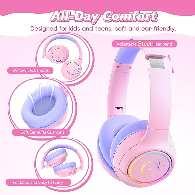 Kids Bluetooth Headphones, 85H Playtime Wireless Headphones for Kids, Colorful LED Lights, 85/94dB Safe Volume Limit, Bluetooth 5.4 Built-in Mic Toddler Headset for Tablet/Airplane/Travel (Pink)