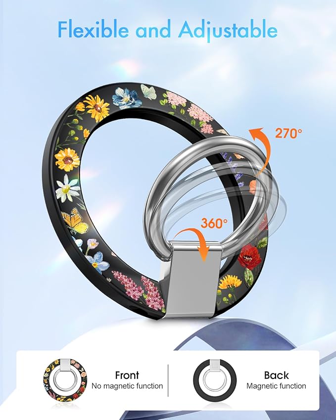 Toycamp Phone Grip Ring Holder Compatible with MagSafe - Magnetic Phone Grip Stand Women Cute Painting Removable Rotatable Magnet Accessories for iPhone 17 Pro Max/16/15/14/13/12 Series, Floral Flower