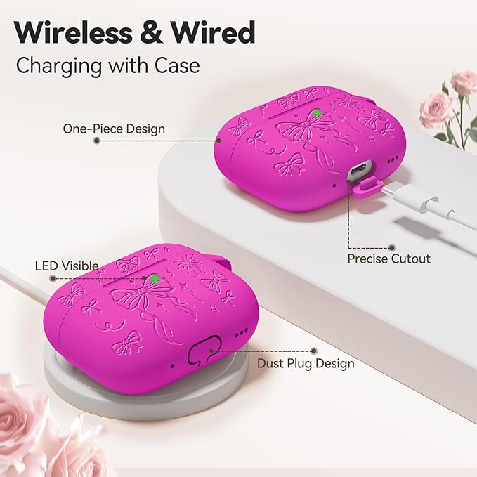 for Airpods Pro 3 Case Cover, Joremx Cute Bow Engraved Silicone Protective Case Cover with Keychain, Cleaner Kit for Airpods Pro 3rd Generation 2025 (Fluorescent Rose Red)