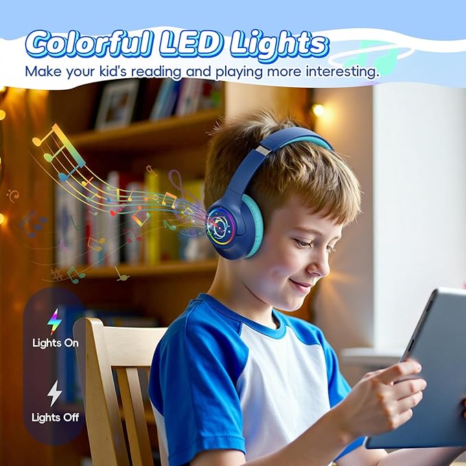 Kids Bluetooth Headphones, 85H Playtime Wireless Headphones for Kids, Colorful LED Lights, 85/94dB Safe Volume Limit, Bluetooth 5.4 Built-in Mic Toddler Headset for Tablet/Airplane (Navy Blue)