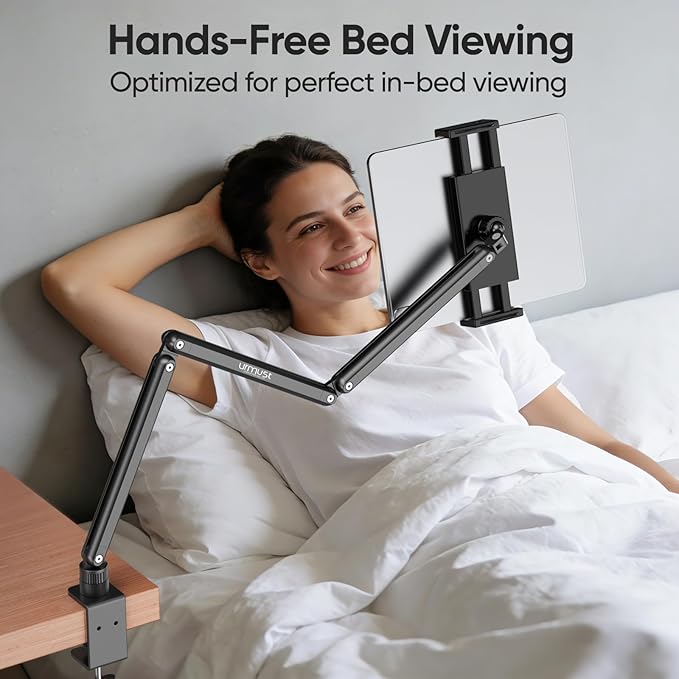 Urmust Tablet Stand for Desk, Adjustable iPad Holder Clamp Mount, 360° Rotation, Sturdy Aluminum Tablet Arm Mount for 4.7"-15.6" iPad Pro/Air/Mini, iPhone, Galaxy Tab, for Kitchen, Work, Video Call