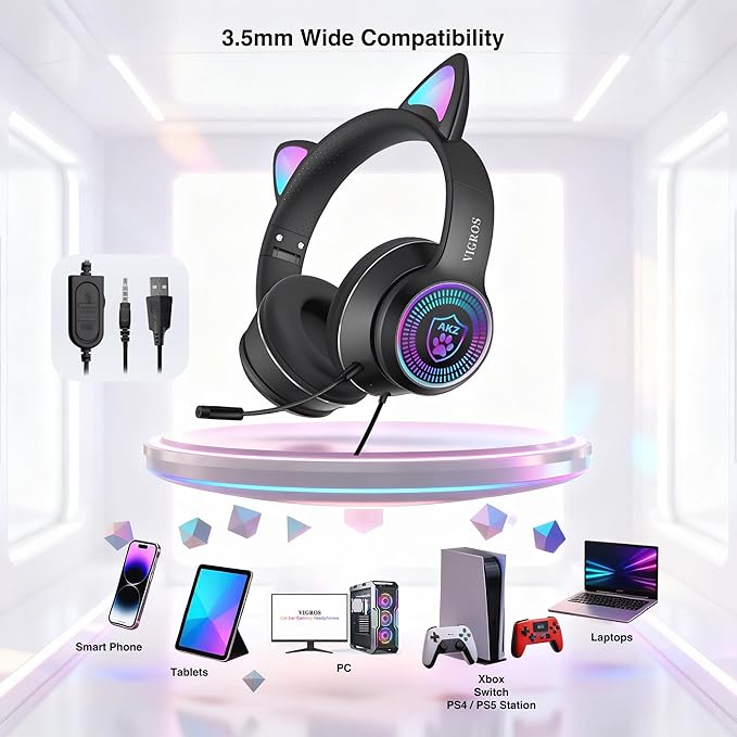 Cat Ear Gaming Headphones Wired AUX 3.5mm with LED Light, VIGROS Flashing Stereo Game Headphones Surround Sound Over-Ear Headsets with Microphone Fit Kids & Adult for PC, PS4, Switch, Mobile, Laptop