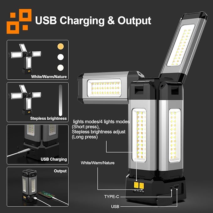Upgraded Aluminum13200mAh Rechargeable Work Light with 78in Height Folding Stand and Carrying Bag, 8000 Lumen Cordless Camping Light, White/Warm/Nature White(Standard)