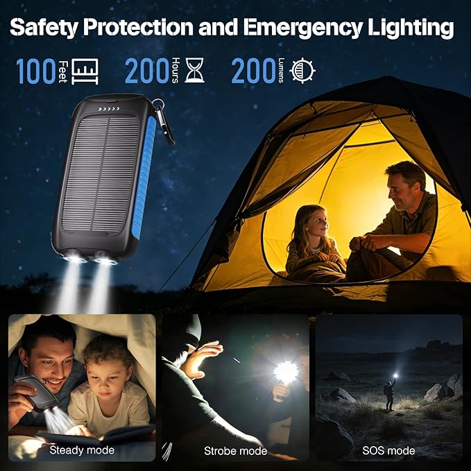 Portable Charger Solar Power Bank 8000mAh with USB-A and USB-C 5V/3A Output Port Blue Battery Pack Compatible with iPhone, Samsung, Waterproof Emergency LED Flashlights Perfect for Camping, Hiking