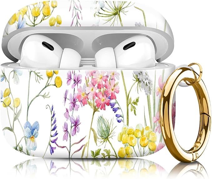Compatible with Airpod pro 2nd/1st Generation Case Cover with Gold Round Keychain Cute Pattern Hard & Anti Slip Cover for Men Women & Girls（Nice Flowers）