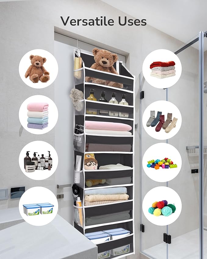 ULG Over The Door Organizer with 6 Large Pockets 12 Side Pockets, 50lbs Weight Capacity Door Hanging Organizer for Bedroom, Bathroom Black