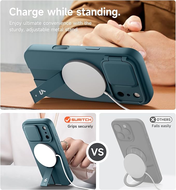 SURITCH for iPhone 17 Pro Case with Camera Control Cover, Camera Cover and Adjustable Kickstand, Compatible with MagSafe, Shockproof Bumper Protective Cases 6.3 Inch, Lake Green
