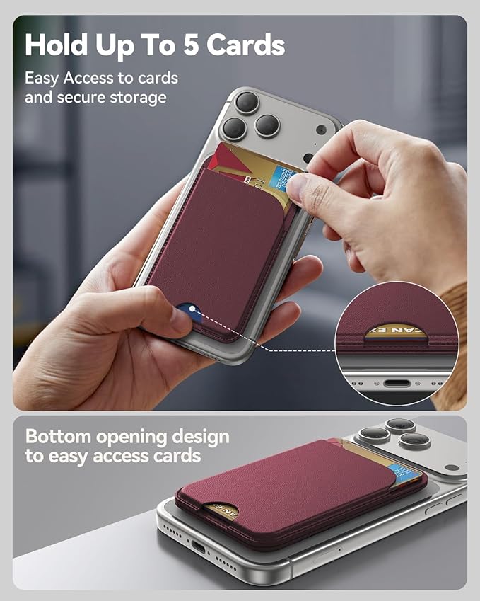 for MagSafe Wallet, 5 Cards Holder with Stand, Magnetic Phone Wallet Stand for iPhone 17/16/15/14/13/12 Pro Max Air Plus Series, RFID Blocking Vegan Leather,Wine Red