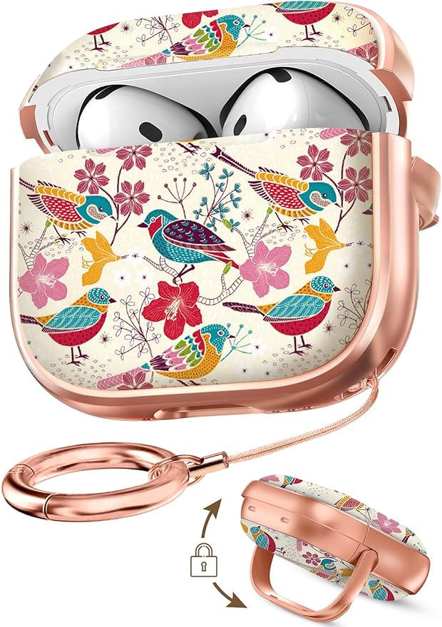 Coralogo for AirPods 4 Case with Safety Lock - Cute Cartoon for Women Girls Fashion Stylish Flower Bird Pattern Design Kawaii Girly Girlish Hard Protective Cover for AirPods 4th Generation 2024