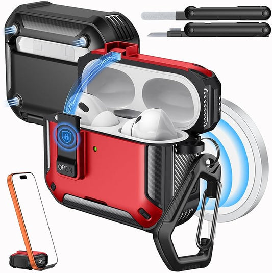 MoKo for AirPods Pro 3 Case with Lock 2025 - Compatible with MagSafe, Phone Stand & Auto Pop-up for AirPods Pro 3rd Generation Case, Military-Grade Protective Cover with Cleaner Kit, Red+Black