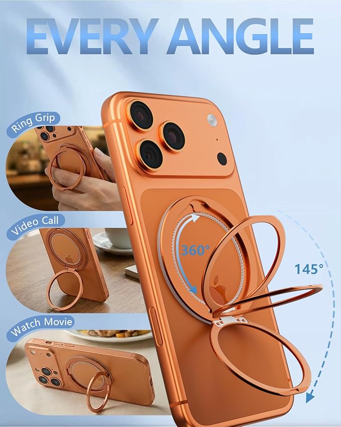 SEMBO Magnetic Phone Ring Holder for MagSafe, 0.1'' Ultra Thin 360° Rotation Cell Phone Grip Stand Finger Ring Kickstand Compatible with iPhone 17 Pro Max 16 15 14 13 12 MagSafe Accessories (Orange)