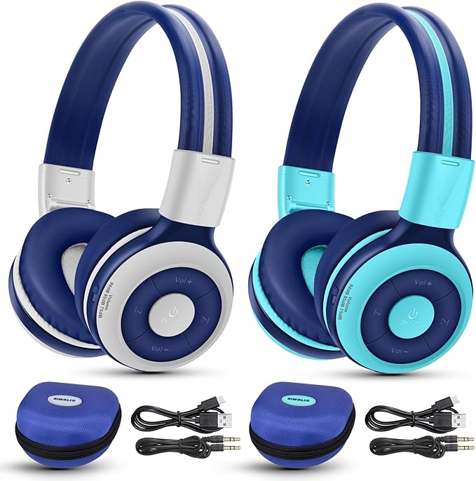 SIMOLIO 2 Pack Bluetooth Headphones for Teens, Kids Headphone with Volume Limited (75/85/94dB), On-Ear Heasets with Mic, EVA Case (Mint+Grey)