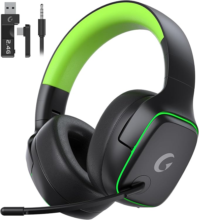2.4GHz Wireless Gaming Headsets for PS5, PS4, PC, Switch - Bluetooth 5.3 Gaming Headphones with Noise Canceling Mic, 7.1 Surround Sound, 70H Battery, Blue Lighting - Black Green