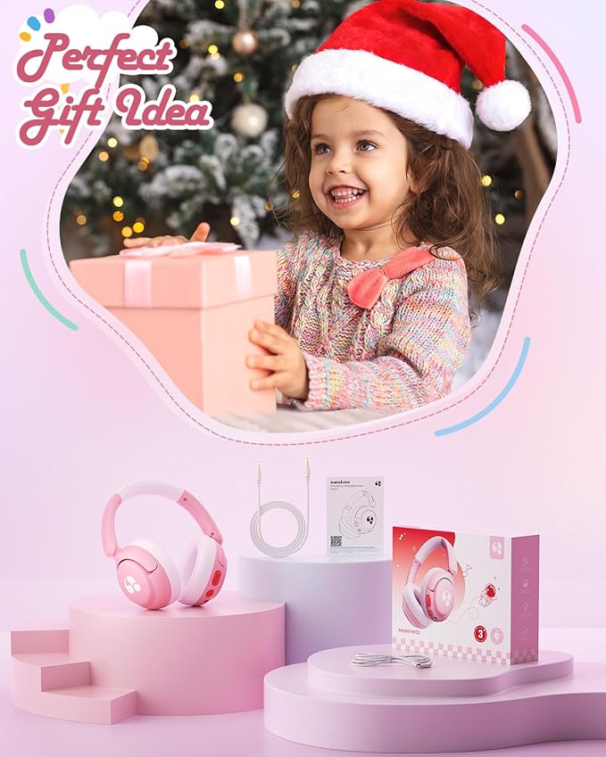 Kids Bluetooth Headphones, 85dB Volume Limiter, Foldable Wireless Over-Ear Headphones for iPad, Travel, 75H Playtime, Bluetooth 5.4, Built-in Mic, Pink
